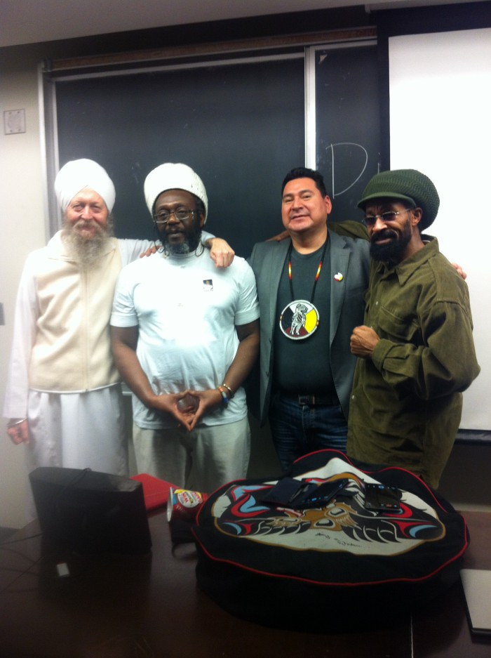 Divine Hair event photo - left to right - the author - Ras Jayant - Bear Standing Tall - Ras Sunray (109K)
