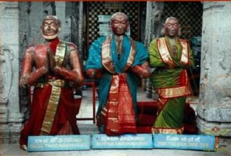 Statues of Todarmal Dakhni, his wife & mother at Tirupati Temple.jpg
