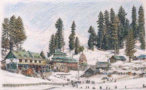 (Photo of Gulmarg Gurdwara Sahib on the left, first with five windows with Yellow colour warandha 1930)